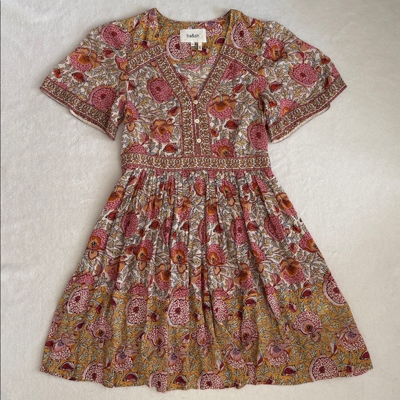 ba&sh | Valia Floral Print Short Sleeve Boho Mini Dress 1E22VALI Ocre (XS 2) - Picture 2 of 16